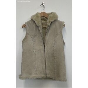 Ruff‎ Hewn Beige Suede Zip-Up Vest Tan Genuine Leather Faux-Fur Lining - Size S